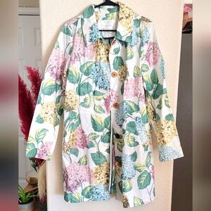 ANTHROPOLOGIE Size L Raincoat  Waxed Linen Cottagecore Hydrangea